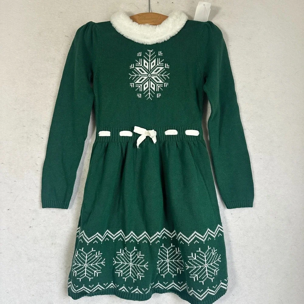 Gymboree sweater dress sz 7 fur Holiday Winter Fair isle Snowflake green